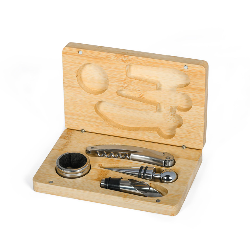 SET VINO 4 PEZZI IN BAMBÙ E METALLO 